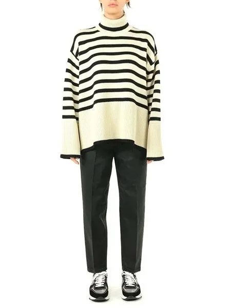 TOTEME  |Stripes Wool Long Sleeves Cotton V-neck & Crew neck