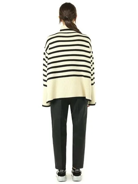 TOTEME  |Stripes Wool Long Sleeves Cotton V-neck & Crew neck