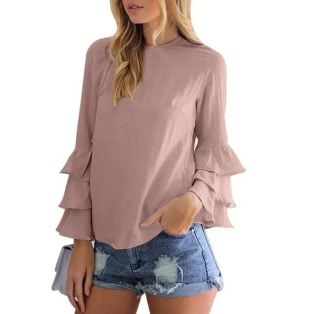 Women Blouses Ruffles O-Neck Blouse